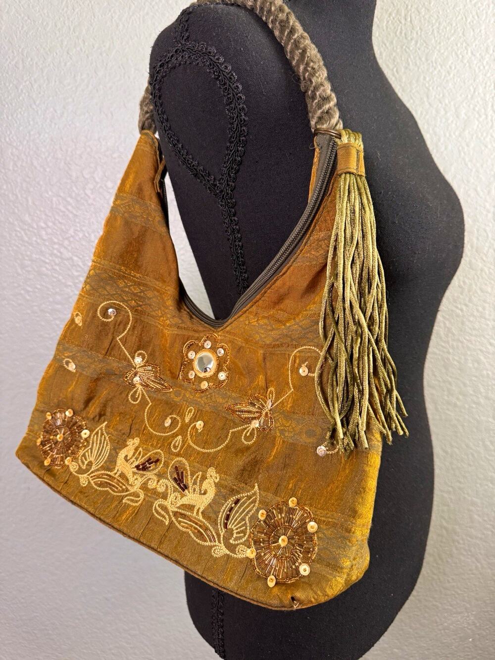 Vintage Y2K Boho Beaded Embroidered Silk Hobo Shoulder Bag Tassel Brown